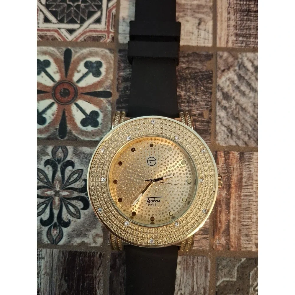 Techno Pave 7204 Iced Out 55mm Mens Watch. Goldtone, Black Silicone Band,Gems.
